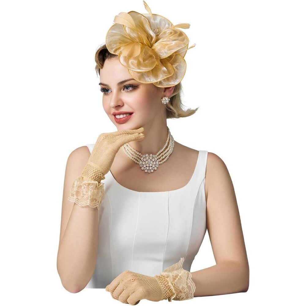 Feather Fascinator Hat and Gloves Set Women Tea Derby Wedding Accessories